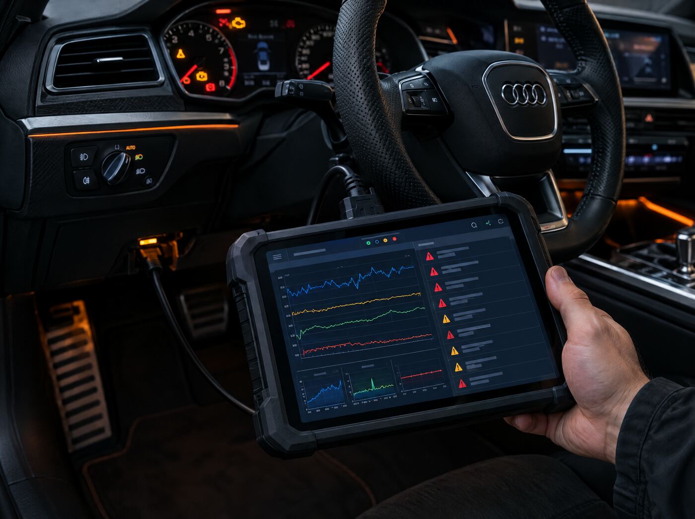Diagnosztikai tablet az autó OBD csatlakozójára kötve, élő adatokkal